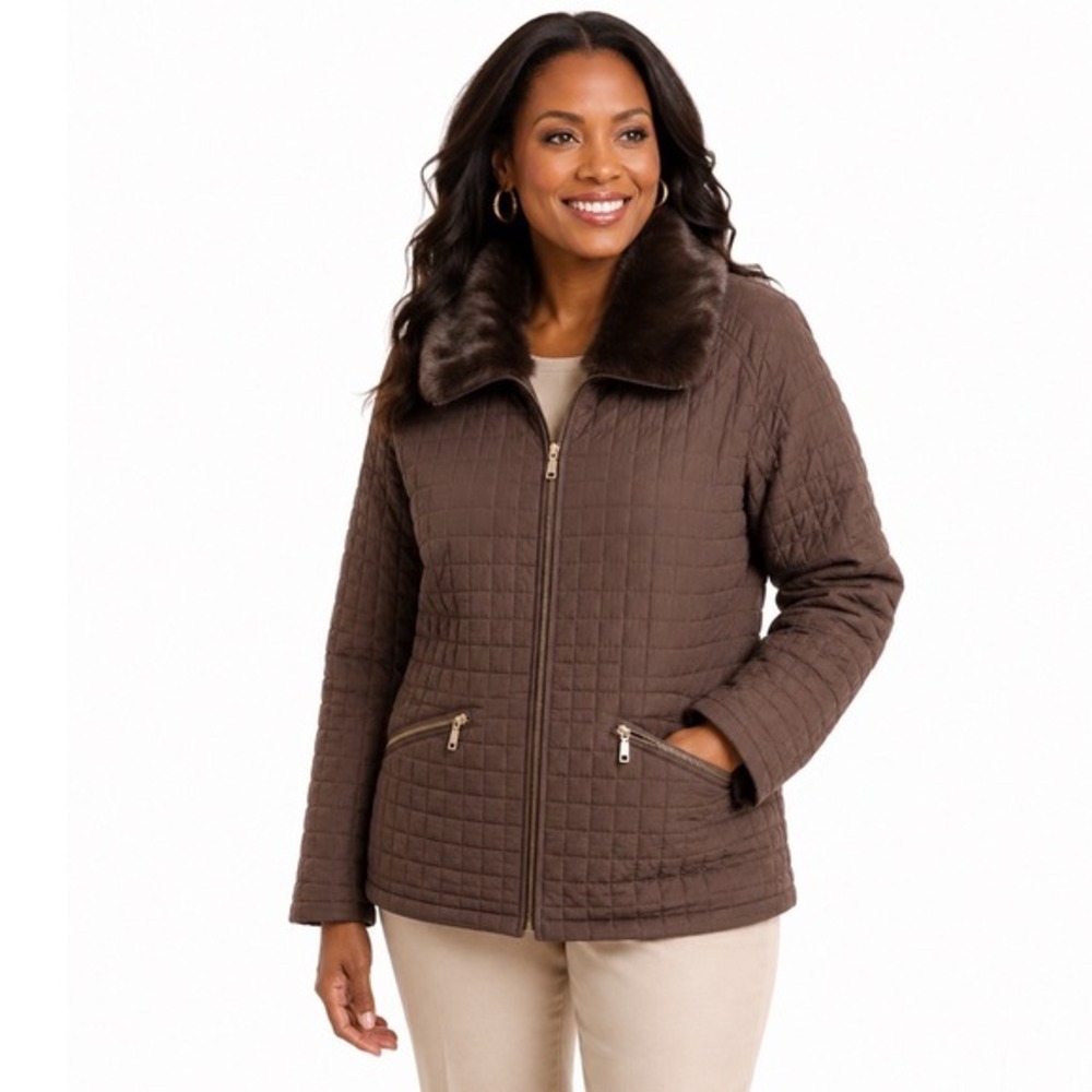 Free Country XL Quilted Jacket Brown Faux Fur Collar Full Zip Pockets Chic 71-00